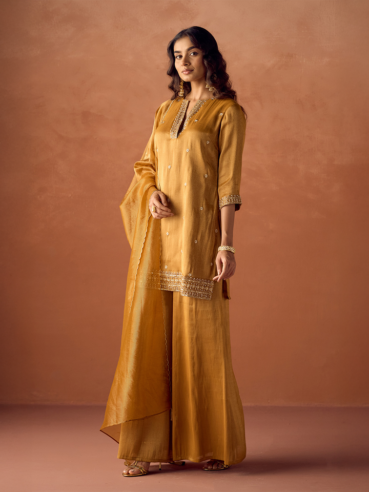 Dhiyona FL Women Mustard Tissue Blend Hand Embroidered Kurta Set with Dupatta