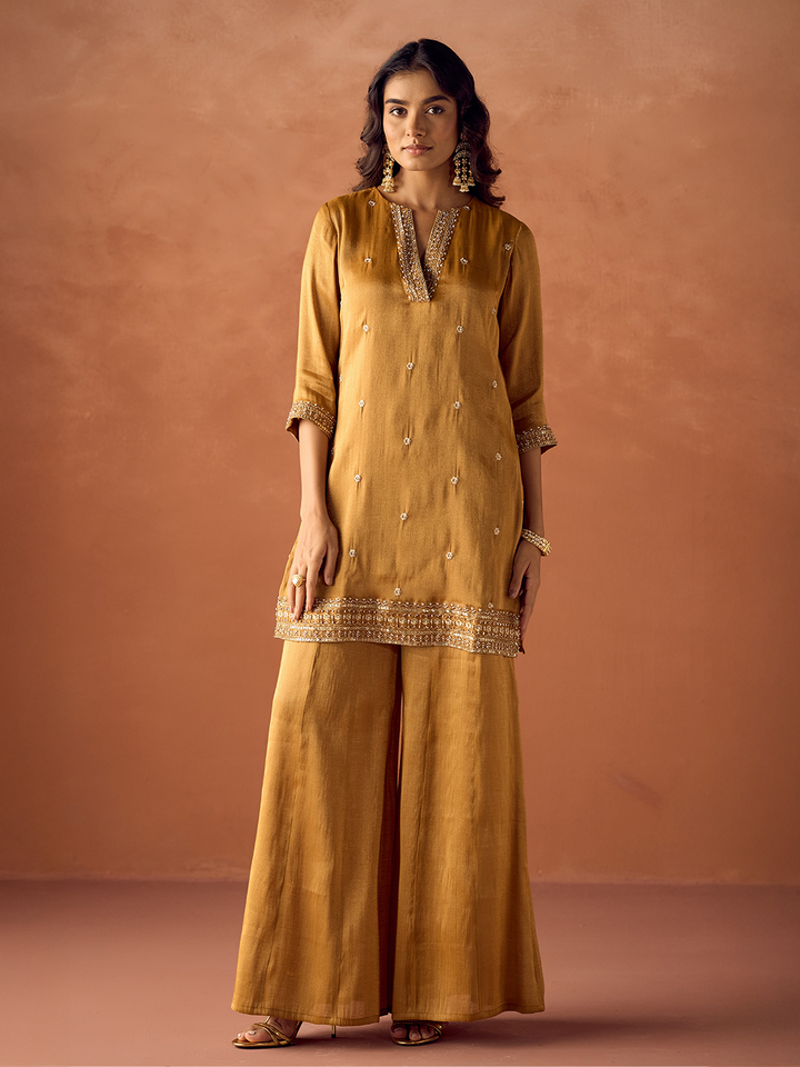 Dhiyona FL Women Mustard Tissue Blend Hand Embroidered Kurta Set with Dupatta