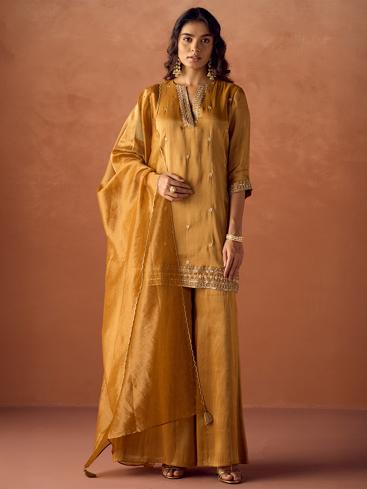 Dhiyona FL Women Mustard Tissue Blend Hand Embroidered Kurta Set with Dupatta