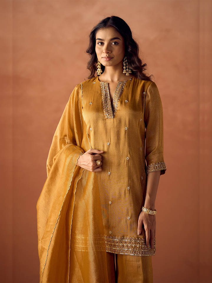 Dhiyona FL Women Mustard Tissue Blend Hand Embroidered Kurta Set with Dupatta