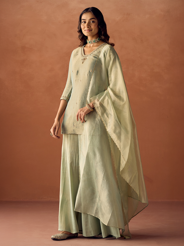 Dhiyona FL Women Pista Green Tissue Blend Hand Embroidered Kurta Set with Dupatta