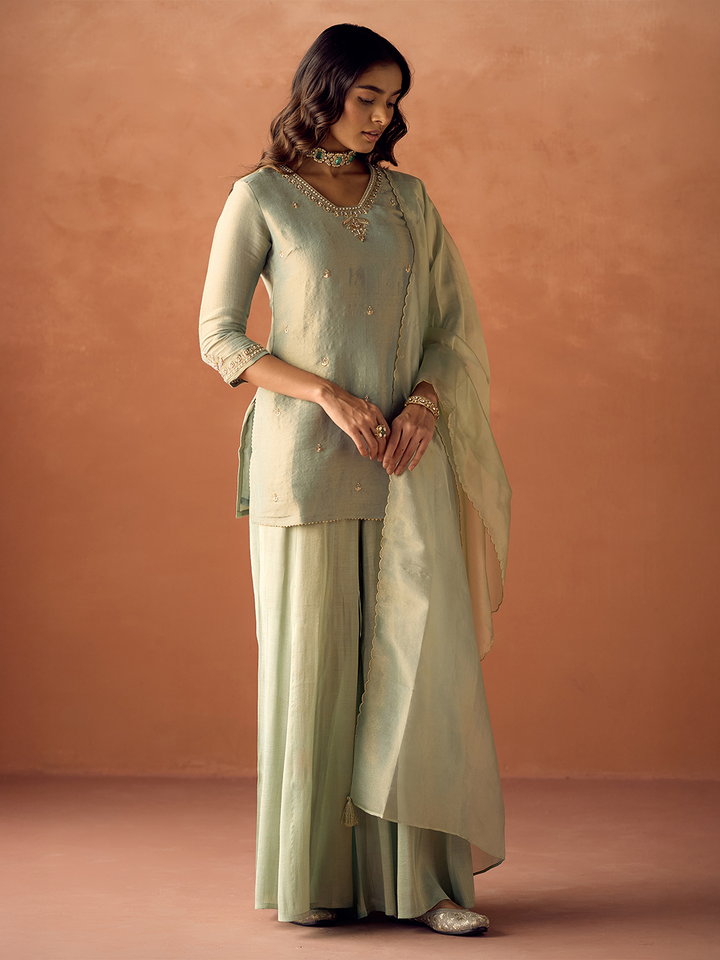 Dhiyona FL Women Pista Green Tissue Blend Hand Embroidered Kurta Set with Dupatta
