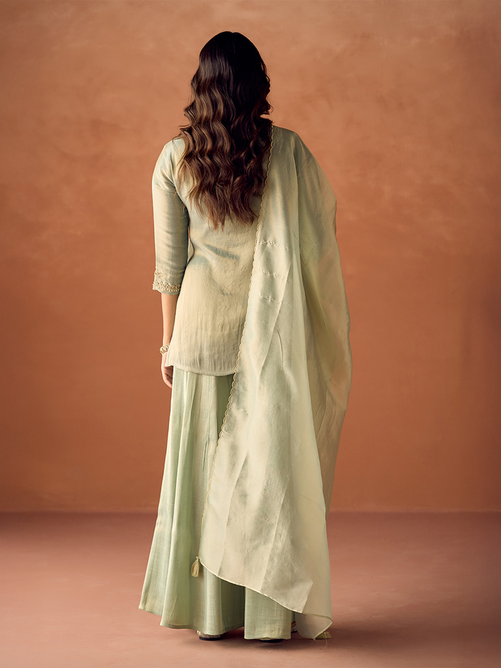 Dhiyona FL Women Pista Green Tissue Blend Hand Embroidered Kurta Set with Dupatta