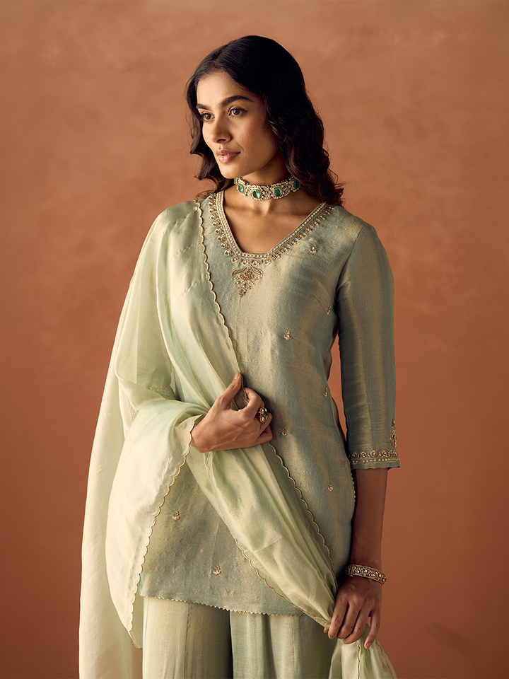 Dhiyona FL Women Pista Green Tissue Blend Hand Embroidered Kurta Set with Dupatta