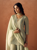 Dhiyona FL Women Pista Green Tissue Blend Hand Embroidered Kurta Set with Dupatta
