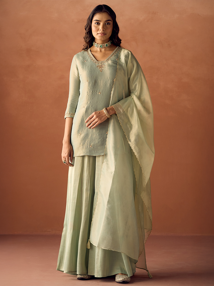 Dhiyona FL Women Pista Green Tissue Blend Hand Embroidered Kurta Set with Dupatta