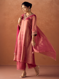 Dhiyona FL Women Rose Pink Tissue Blend Hand Embroidered Kurta Set with Dupatta