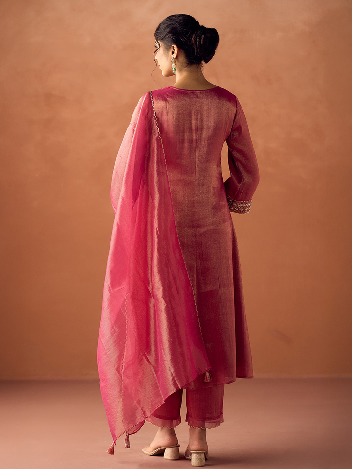 Dhiyona FL Women Rose Pink Tissue Blend Hand Embroidered Kurta Set with Dupatta