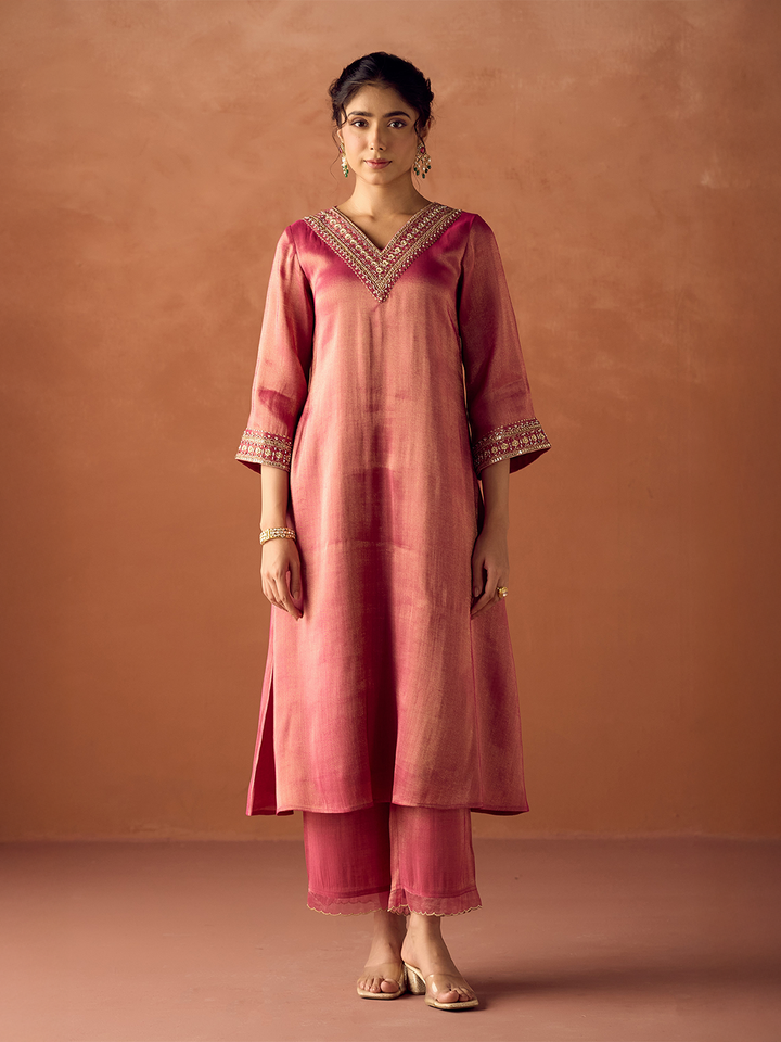 Dhiyona FL Women Rose Pink Tissue Blend Hand Embroidered Kurta Set with Dupatta