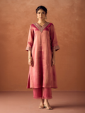 Dhiyona FL Women Rose Pink Tissue Blend Hand Embroidered Kurta Set with Dupatta