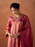 Dhiyona FL Women Rose Pink Tissue Blend Hand Embroidered Kurta Set with Dupatta