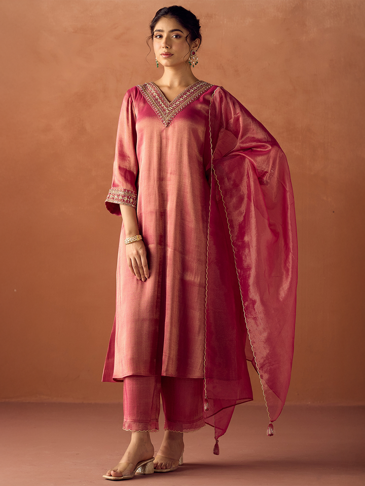Dhiyona FL Women Rose Pink Tissue Blend Hand Embroidered Kurta Set with Dupatta