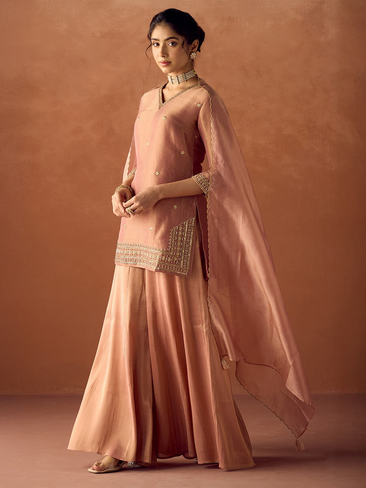 Dhiyona FL Women Peach Tissue Blend Hand Embroidered Kurta Set with Dupatta