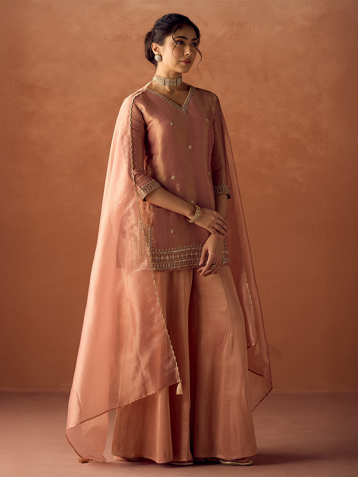 Dhiyona FL Women Peach Tissue Blend Hand Embroidered Kurta Set with Dupatta