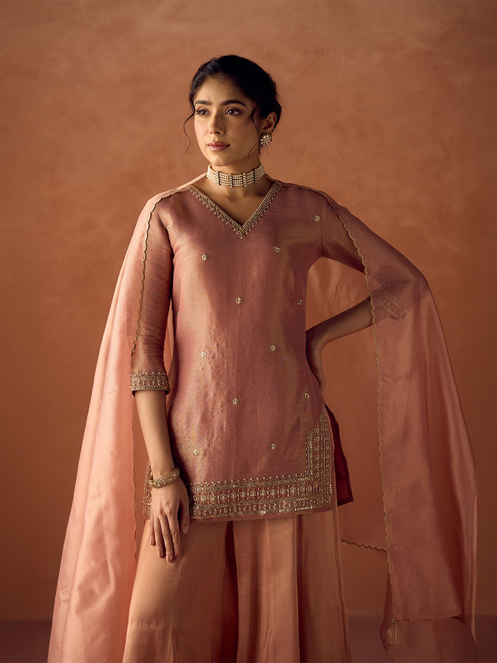 Dhiyona FL Women Peach Tissue Blend Hand Embroidered Kurta Set with Dupatta