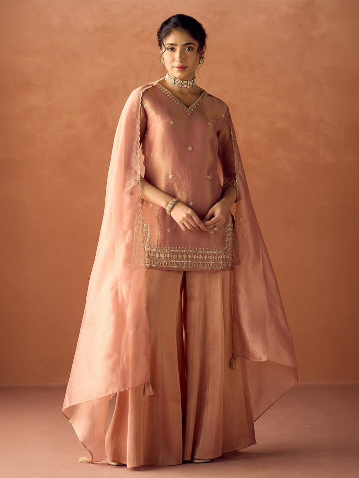 Dhiyona FL Women Peach Tissue Blend Hand Embroidered Kurta Set with Dupatta