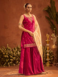 Dhiyona FL Women Rani Pink Ice Velvet Embroidered Kurta Set with Dupatta