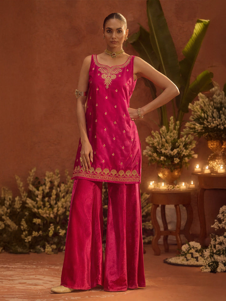 Dhiyona FL Women Rani Pink Ice Velvet Embroidered Kurta Set with Dupatta