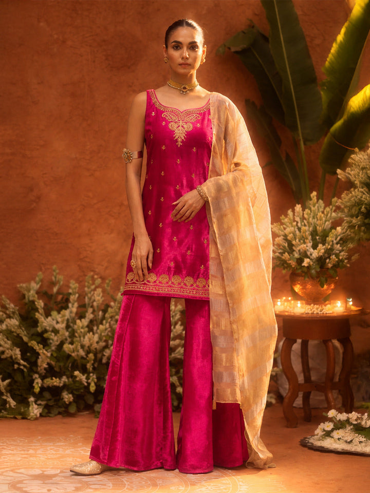 Dhiyona FL Women Rani Pink Ice Velvet Embroidered Kurta Set with Dupatta
