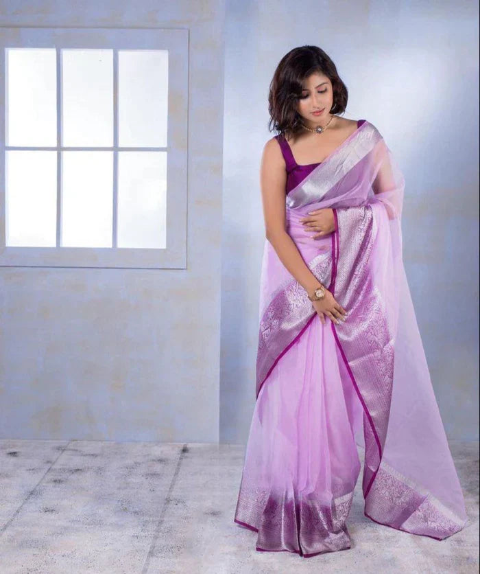 Dhiyona HH Electric Lavender & Magenta Contrast Banarasi Soft Organza Skirt Border Saree