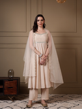 Dhiyona FL Women Off White Viscose Chanderi Embroidered A Line Kurta Set with Dupatta
